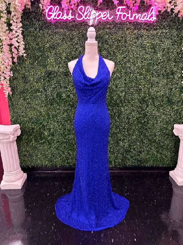 Johnathan Kayne 2728 Size 4 Royal Custom Liquid Beaded Cowl Neck Pageant Dress Formal Gown Halter