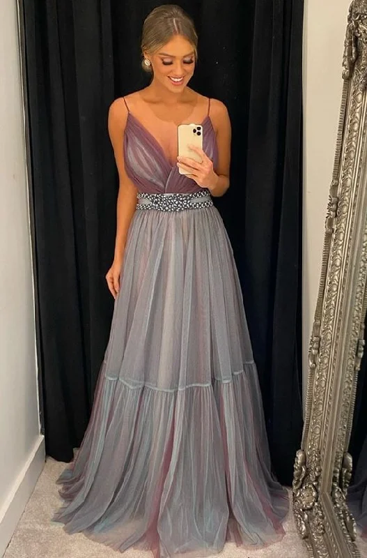 Spaghetti Straps Formal Evening Dress A Line Tulle  Long Prom Dresses