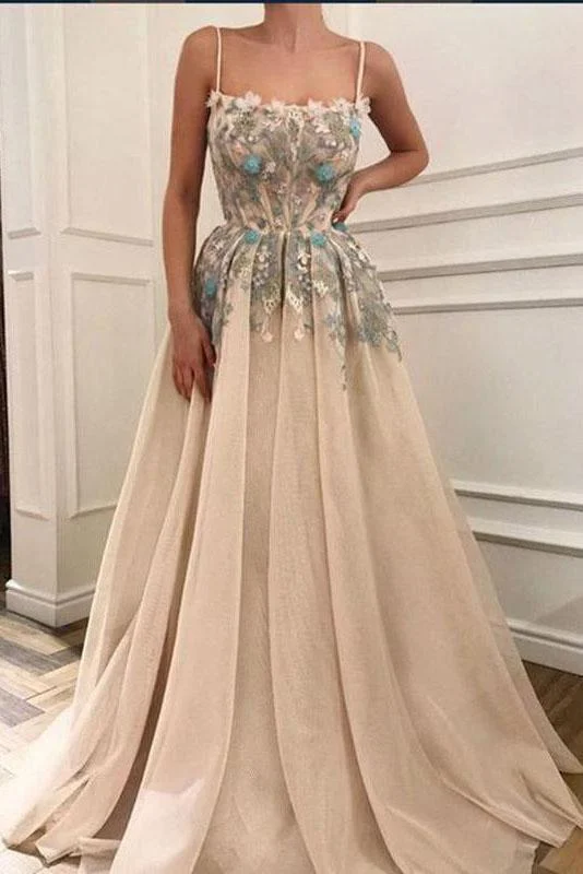 Elegant A Line Spaghetti Straps Sleeveless Appliques Prom Dresses Dance Dresses