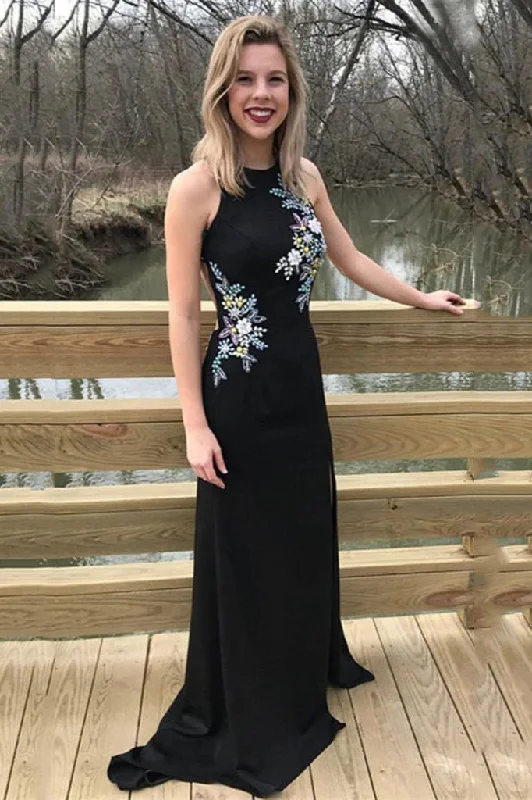 Black Beaded Formal Evening Gowns Mermaid Elegant Long Prom Dresses