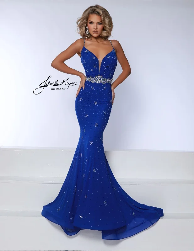 Johnathan Kayne 3008 Size 6 Royal Crystal Studded Prom Dress Mermaid V Neck Formal Backless Gown Johnathan Kayne 3008 Size 6 Royal Crystal Studded Prom Dress Mermaid V Neck Formal Backless Gown
