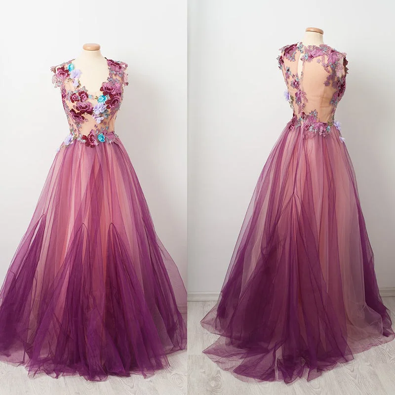 Floral Purple Lace Top Sleeveless A-line Tulle Long Prom Dress, PD3366