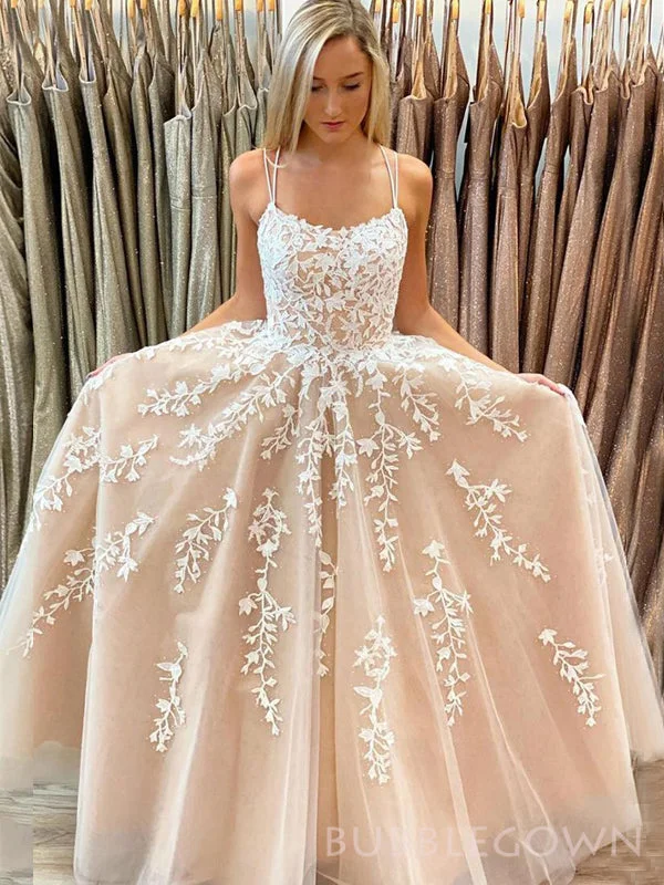 Spaghetti Straps Champagne Tulle Appliques Long Evening Prom Dresses, A-line Prom Dress, BGS0291 Spaghetti Straps Champagne Tulle Appliques Long Evening Prom Dresses, A-line Prom Dress, BGS0291
