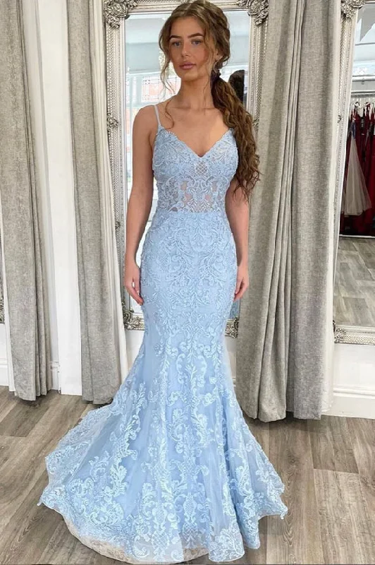 Light Blue Lace Evening Dresses Spaghetti StrapsMermaid Long Prom Dresses