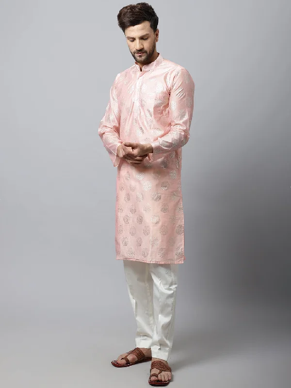 Pink Foil Chanderi Men Kurta Pajama Couple Matching Dress