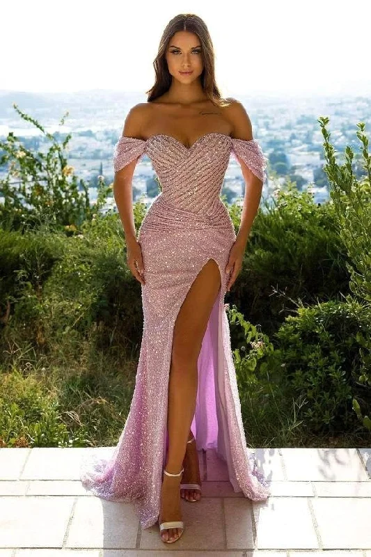 Pink Formal Dress Off-the-Shoulder Sequins Mermaid Prom Dress Split