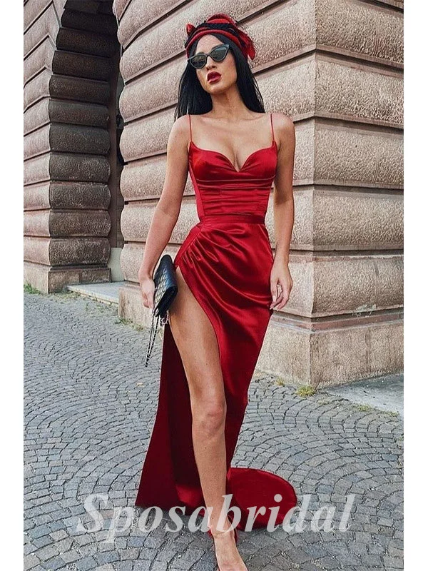 Sexy Soft Satin Spaghetti Srtraps V-Neck Sleeveless Side Slit Mermaid Long Prom Dresses, PD3595 Sexy Soft Satin Spaghetti Srtraps V-Neck Sleeveless Side Slit Mermaid Long Prom Dresses, PD3595