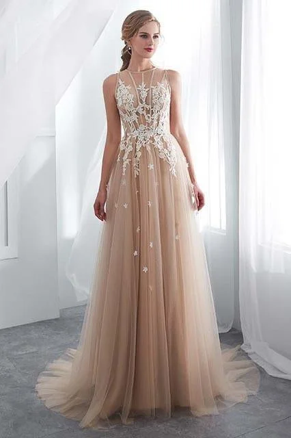 Elegant Tulle Sleeveless Prom Dresses Long Lace Appliques High Neck Evening Gowns JS508 Elegant Tulle Sleeveless Prom Dresses Long Lace Appliques High Neck Evening Gowns JS508