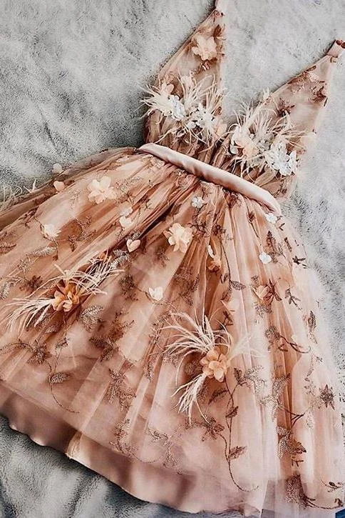 3D Flowers Sweet Homecoming Dress A-line V-neck Sleeveless Short Prom Dresses