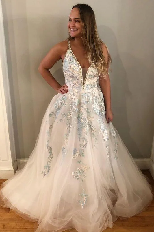 A-line Appliques Floral Formal Evening Dresses Gorgeous White Long Prom Dresses