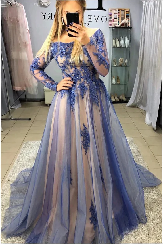 A-Line Tulle Purple Formal Evening Dresses Long Sleeves Appliques Long Prom Dresses