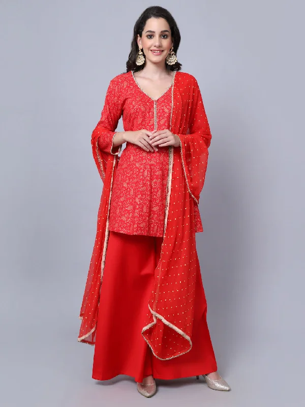 Rose Red Printed Short Kurti with Flared Palazzo and Dupatta Couple Matching Dress