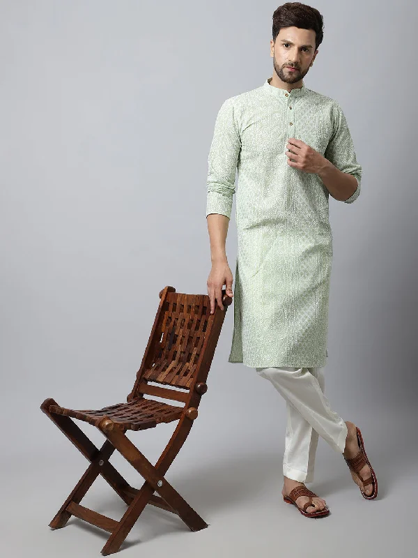 Pista Green Chikankari Mens Kurta Pajama Couple Matching Dress
