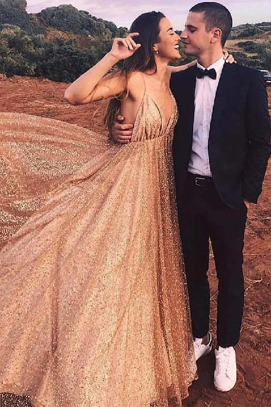 Shiny A-line Deep V-neck Sequins Evening Gowns, Prom Dresses