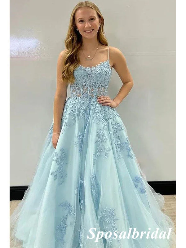 Sexy Tulle And Lace Spaghetti Straps Lace Up Back A-Line Long Formal Prom Dresses, PD3733 Sexy Tulle And Lace Spaghetti Straps Lace Up Back A-Line Long Formal Prom Dresses, PD3733
