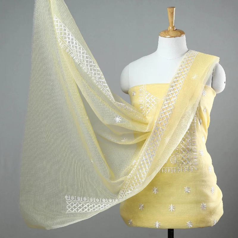 Yellow - 3pc Cotton Embroidered Kota Doria Dress Material 17