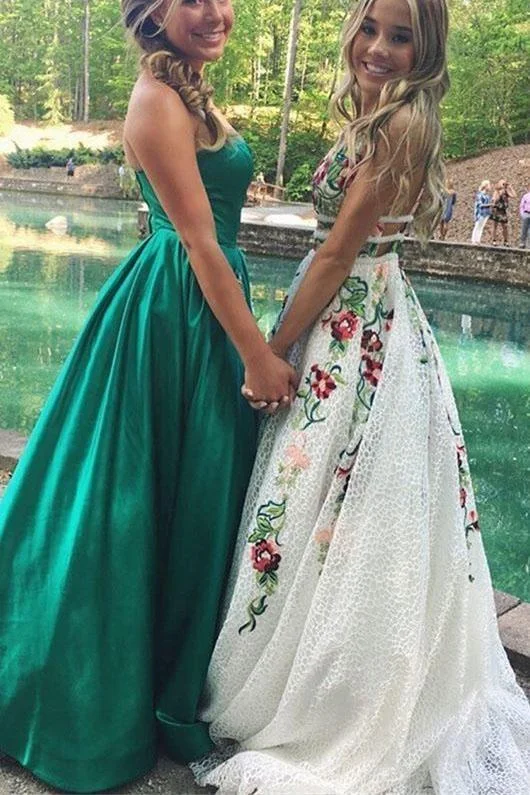 Elegant White Lace Long Prom Dresses Floral Print Backless V Neck Evening Dresses