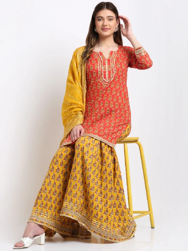 Dazzling Red Mustard Printed Sharara and Dupatta Couple Matching Dress