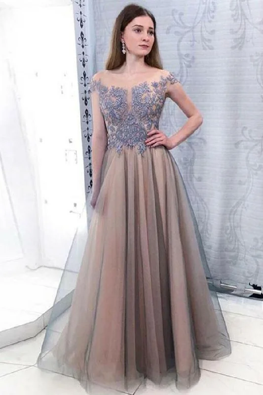 Elegant Off Shoulder Sleeveless Floor Length Lace Prom Dresses with Appliques