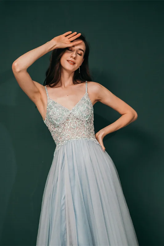 A-line Spaghetti Straps Sky Blue Prom Dresses