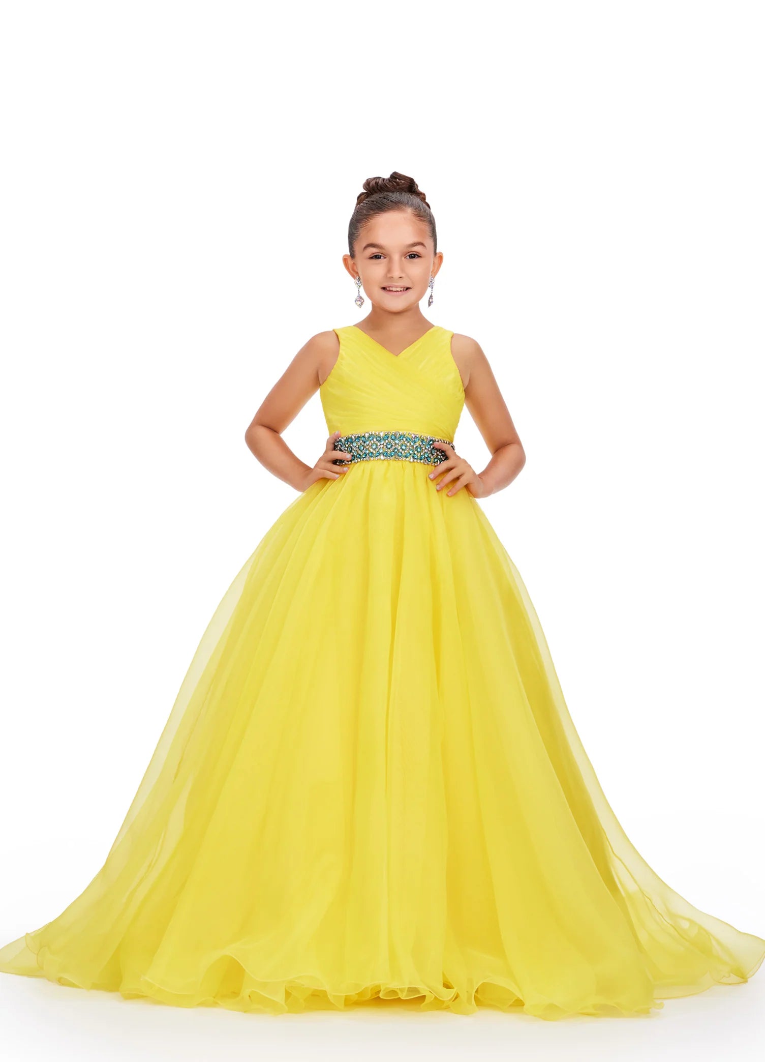Ashley Lauren Kids 8249 Size 8 Yellow Girls Organza A Line Pageant Dress Ballgown V Neck Crystal Belt