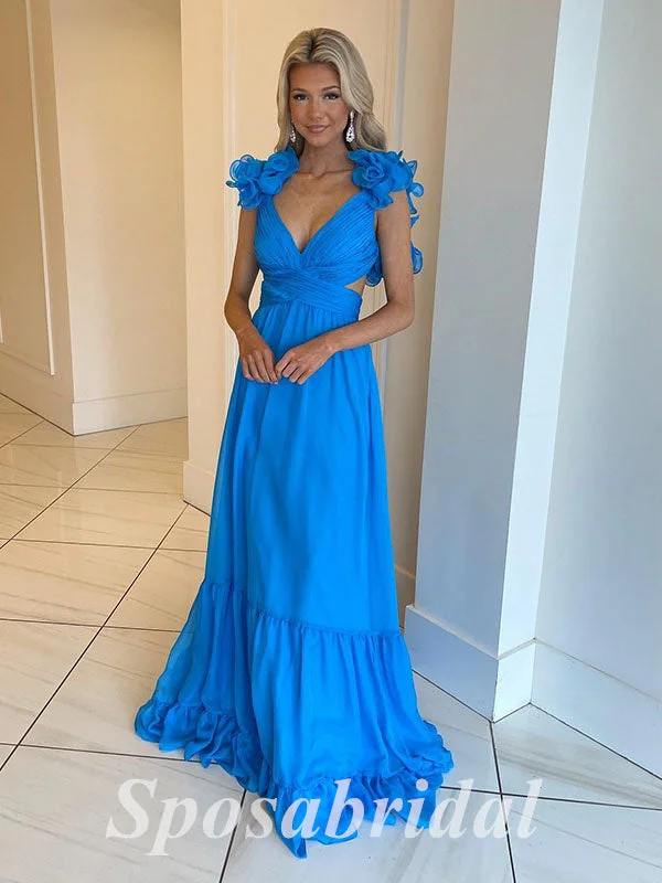 Sexy Chiffon Spaghetti Straps V-Neck Lace Up Back A-Line Long Prom Dresses,PD3703