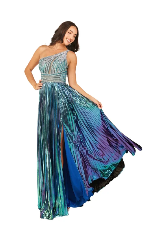 Abby Paris 90289 Size 12 Teal Metallic Pleated Maxi Slit Prom Dress One Shoulder Crystal Formal Gown Abby Paris 90289 Size 12 Teal Metallic Pleated Maxi Slit Prom Dress One Shoulder Crystal Formal Gown