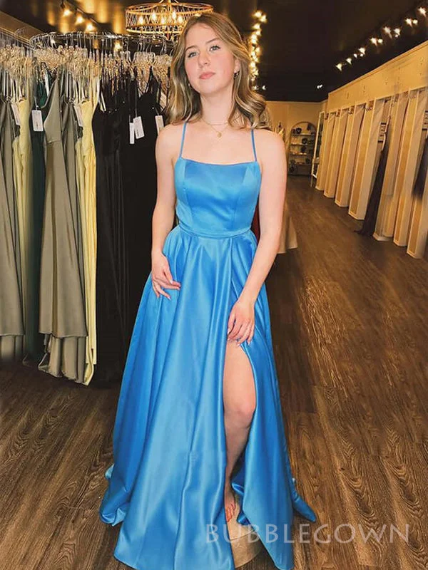 Simple Blue Satin Spaghetti Straps Long Evening Prom Dresses, Custom A-line Prom Dresses, BGS0276 Simple Blue Satin Spaghetti Straps Long Evening Prom Dresses, Custom A-line Prom Dresses, BGS0276