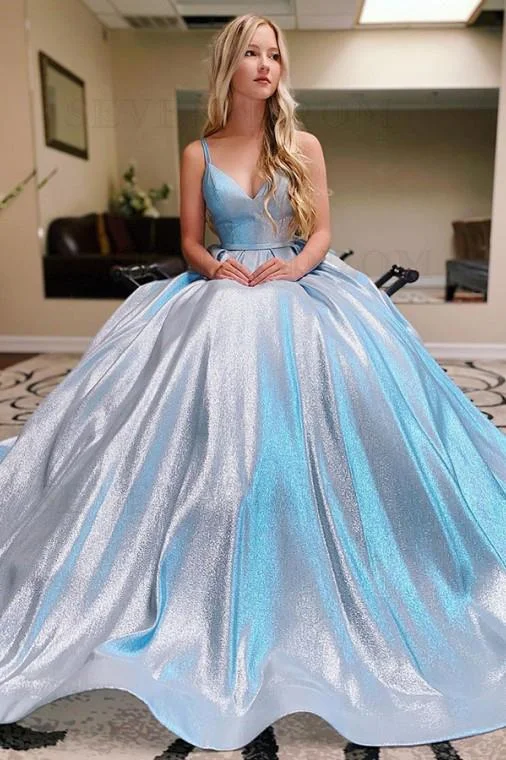 Spaghetti Straps Evening Dress V Neck Floor Length Shiny Sexy Long Prom Dress