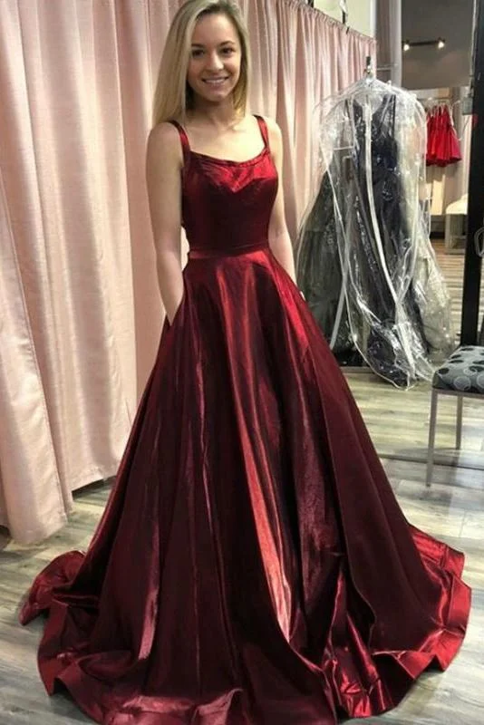 Elegant A Line Spaghetti Straps Backless Burgundy Satin Prom Dresses with Pocket
