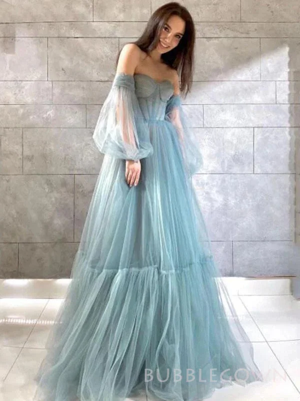Off Shoulder Dusty Blue Tulle Long Evening Prom Dresses, Custom A-line Prom Dresses, BGS0264 Off Shoulder Dusty Blue Tulle Long Evening Prom Dresses, Custom A-line Prom Dresses, BGS0264