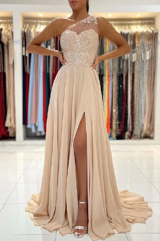 A-Line One Shoulder Formal Evening Dresses Champagne Chiffon Long Appliques Prom Dresses A-Line One Shoulder Formal Evening Dresses Champagne Chiffon Long Appliques Prom Dresses