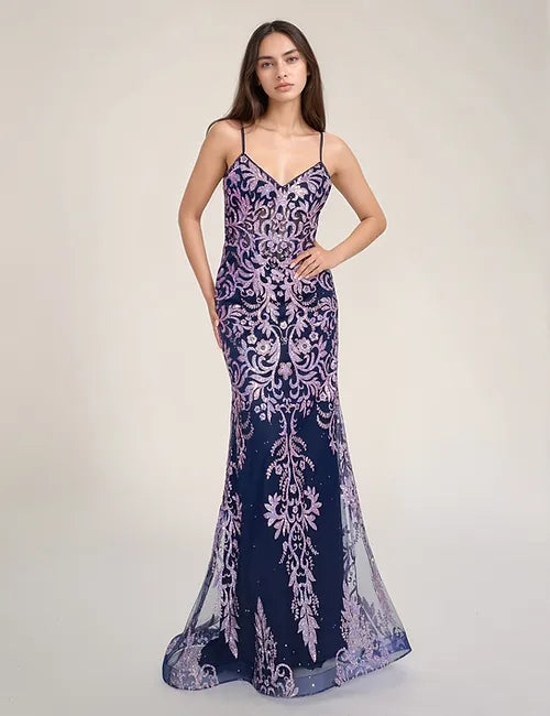 Nina Canacci 1575 Size 2 Navy Lilac Fit and Flair Prom Dress V Neckline Spaghetti Straps Nina Canacci 1575 Size 2 Navy Lilac Fit and Flair Prom Dress V Neckline Spaghetti Straps