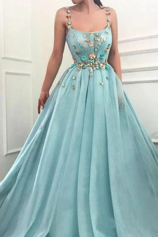 Elegant A Line Spaghetti Straps Tulle Scoop Prom Dresses With Appliques Formal SRSPC4CZXGB Elegant A Line Spaghetti Straps Tulle Scoop Prom Dresses With Appliques Formal SRSPC4CZXGB