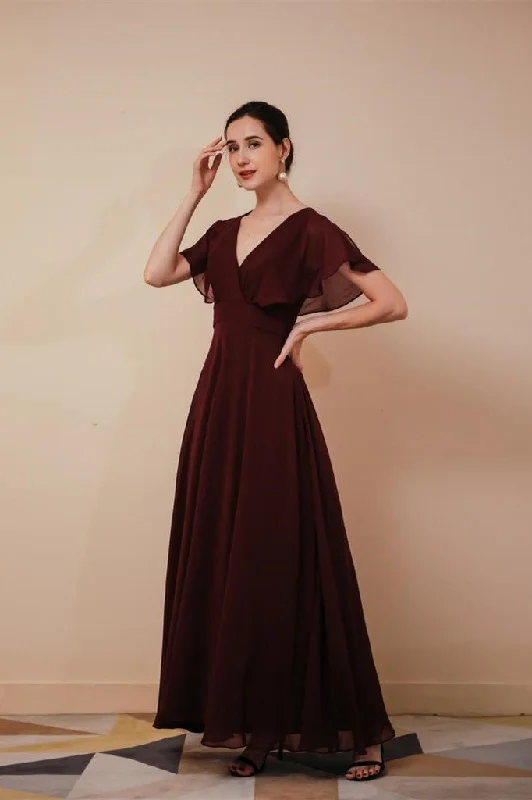 Pretty A-line V-Neck Rust Chiffon Long Prom Dresses