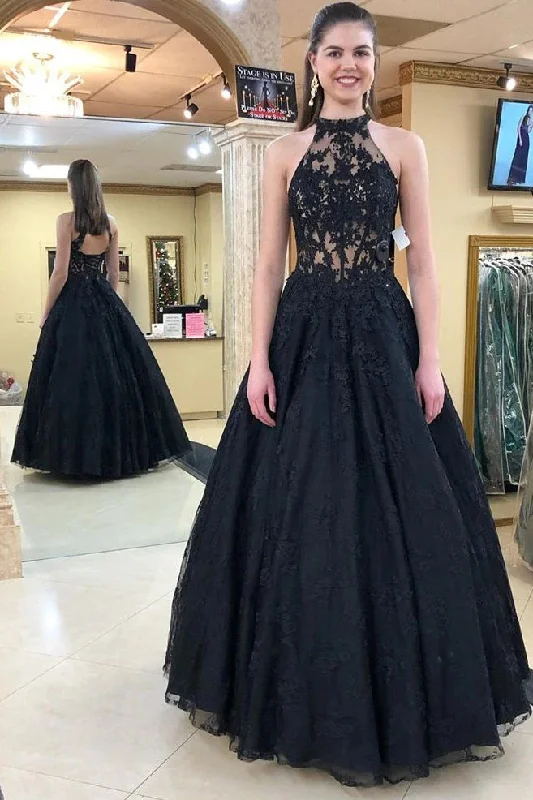 Black A-Line Formal Evening Dresses Appliques Halter Long Prom Dresses