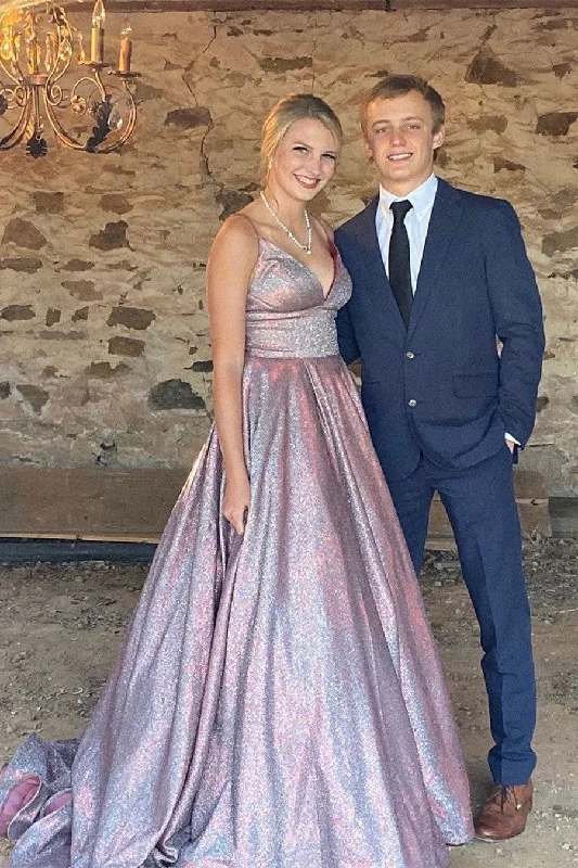 A-line V-neck Sleeveless Long Prom Dresses, Evening Dresses