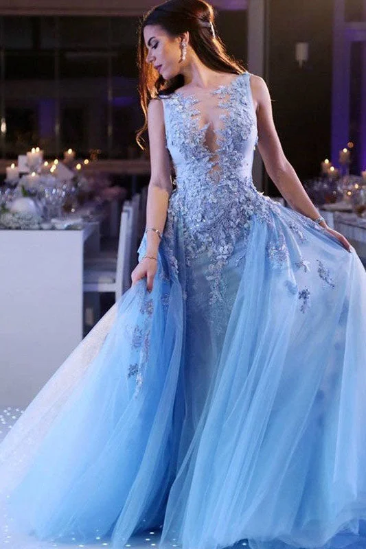 A-Line Scoop Tulle Sleeveless Sky Blue Applique Long Prom Dresses