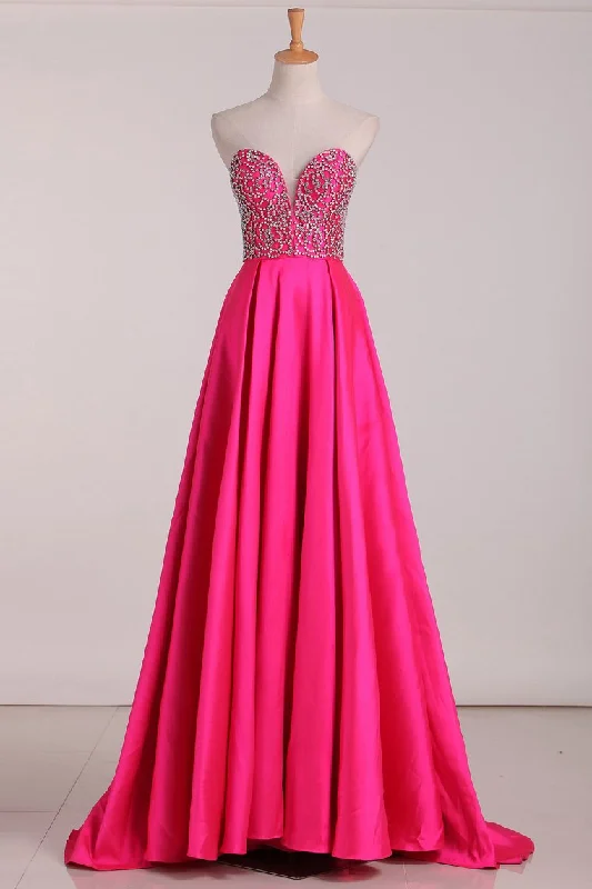 2024 Sweetheart Beaded Bodice Prom Dresses A Line Chiffon Sweep Train