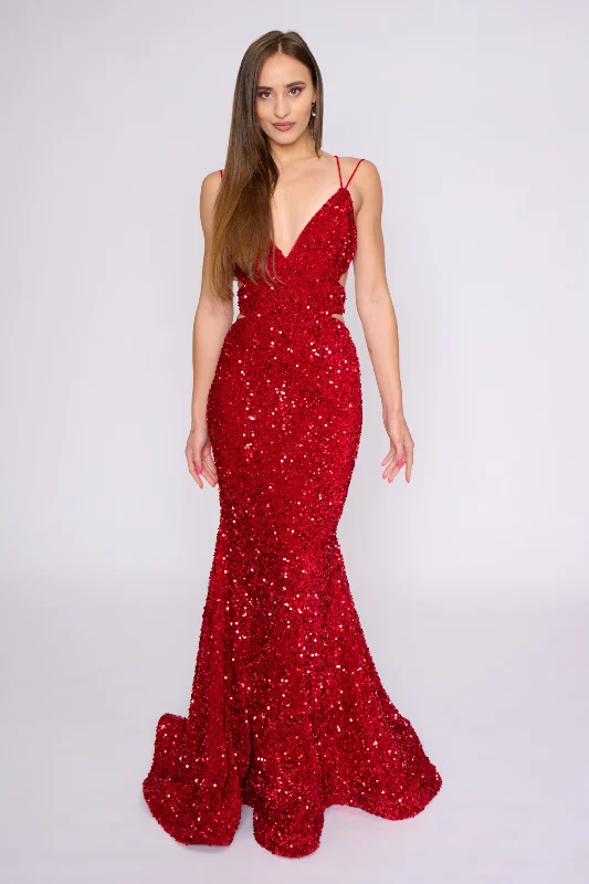 Nina Canacci 1579 Size 10 Red Long Sequin Mermaid Prom Dress Cut Out Corset V Neckline Nina Canacci 1579 Size 10 Red Long Sequin Mermaid Prom Dress Cut Out Corset V Neckline