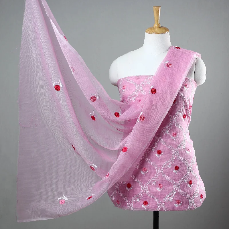 Pink - 3pc Cotton Embroidered Kota Doria Dress Material 05