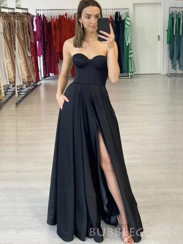 A-line Black Satin Strapless Long Evening Prom Dresses, Sweetheart Prom Dress, BGS0286 A-line Black Satin Strapless Long Evening Prom Dresses, Sweetheart Prom Dress, BGS0286