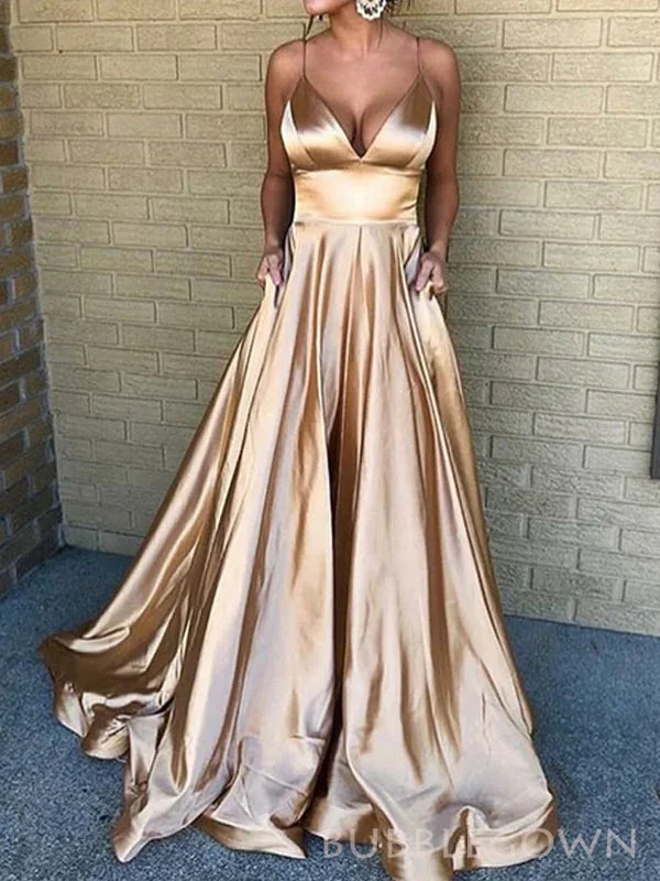 A-line Gold Satin V-neck Long Evening Prom Dresses, Custom Spaghetti Straps Prom Dresses, BGS0249 A-line Gold Satin V-neck Long Evening Prom Dresses, Custom Spaghetti Straps Prom Dresses, BGS0249