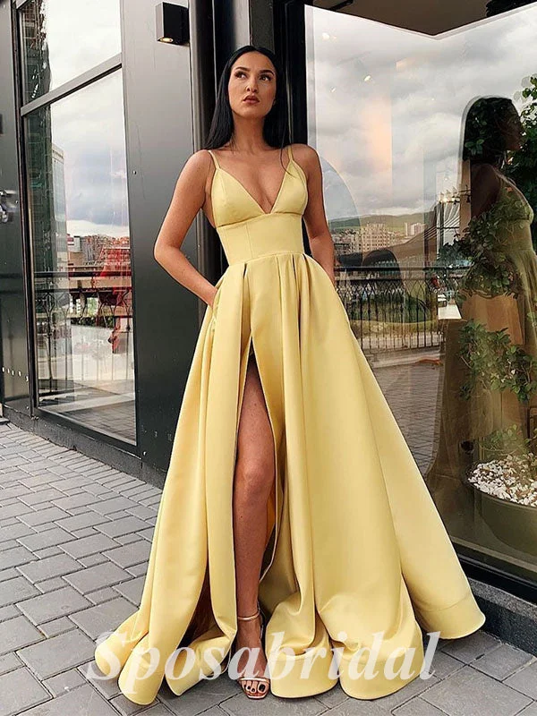 Sexy Satin Spaghetti Straps V-Neck Sleeveless Side Slit A-Line Long Prom Dresses,PD3689 Sexy Satin Spaghetti Straps V-Neck Sleeveless Side Slit A-Line Long Prom Dresses,PD3689