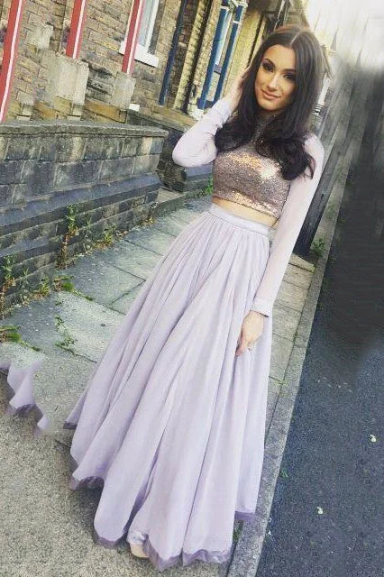 Full Sleeve School Dance Dress Dusk Pretty Two Pieces Graduation Dress Long Prom Dresses