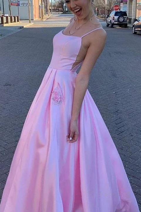 Cute A-line Sleeveless Beading Pink Satin Prom Dresses, Evening Dresses With Pockets Cute A-line Sleeveless Beading Pink Satin Prom Dresses, Evening Dresses With Pockets