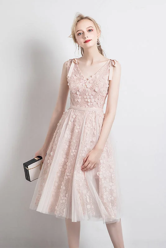 Apricot V Neck Spaghetti Straps Tulle Prom Dress Short Homecoming Dresses