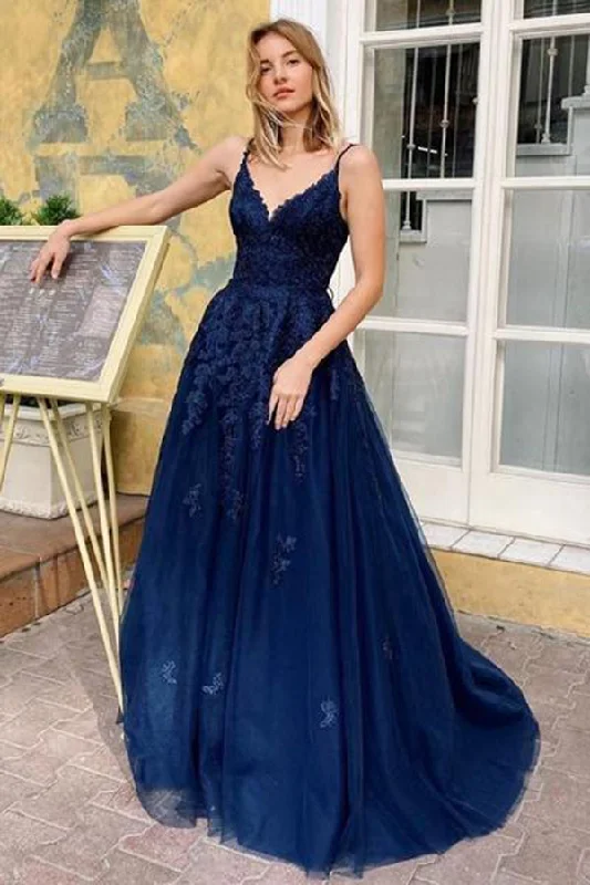 A -Line V-Neck Spaghetti Straps Navy Blue Lace Tulle Appliques Long Evening Gowns Prom Dresses A -Line V-Neck Spaghetti Straps Navy Blue Lace Tulle Appliques Long Evening Gowns Prom Dresses