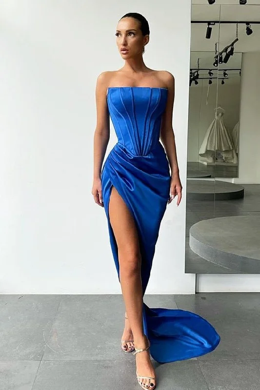 Mermaid Satin Formal dress trapless Long Prom Dress Split Evening Party Gowns