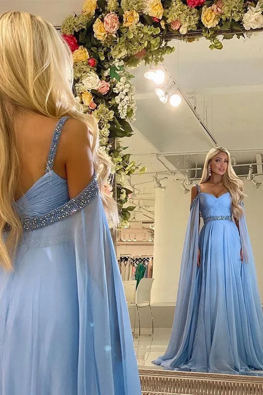 A Line Chiffon Beading Sky Blue Evening Dress Long Prom Dress
